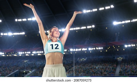 Portrait Of Professional Female Athlete On Stadium Happily Celebrating New Record With Raised Arms On World Sports Championship. Determination, Motivation, Inspiration Are The Key Of Success Story