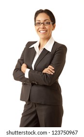 Portrait of a professional Hispanic business woman wearing a grey suit looking at camera isolated on white