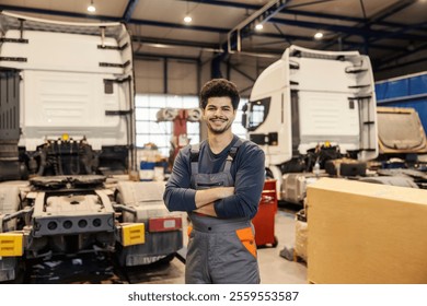 Portrait of professional multicultural serviceman with arms crossed standing in import and export firm with trucks in background. - Powered by Shutterstock