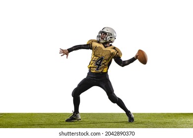 Portrait of professional sportsman, american football player throwing a ball isolated over white grass flooring background. Concept of active life, team game, energy, sport, competition, ad - Powered by Shutterstock