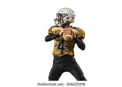 Portrait Of Professional Sportsman, American Football Player Throwing A Ball Isolated Over White Grass Flooring Background. Concept Of Active Life, Team Game, Energy, Sport, Competition, Ad