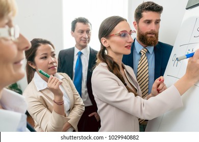 Portrait of a proficient business woman smiling, while analyzing the opportunities of a new project during an interactive meeting with the board of directors in the office - Shutterstock ID 1029940882