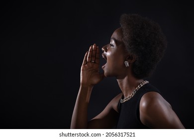 Portrait Profile Of Black African American Woman Holding Palm Hand Near Wide Open Mouth Yelling Screaming Calling Shout Black Friday Concept