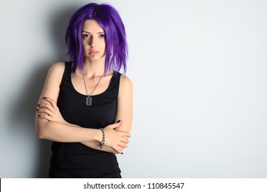 Portrait Of A Punk Girl With Purple Hair.