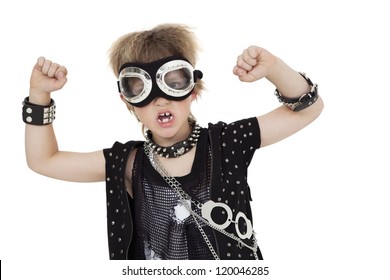 Portrait Of Punk Kid Wearing Pilot Goggles With Raised Fist Over White Background