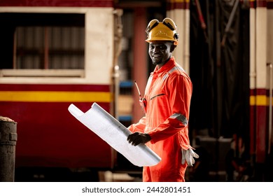 Portrait of railway technician worker in safety vest and helmet working with blueprint at train repair station - Powered by Shutterstock