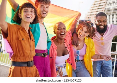 Portrait, rainbow and flag with a friends outdoor together for diversity, gay pride or freedom. Support, lgbt and human rights with a man and woman friend group standing outside for equality