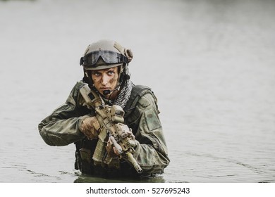 Portrait of a ranger in the battlefield with a rifle