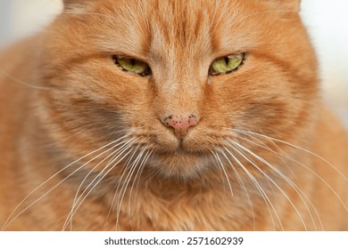 Portrait of a red striped cat with big green eyes.Head cat close-up.