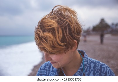 Portrait Of A Red-haired Girl With Freckles, A Woman With Short Hair, Wind In Her Hair, A Walk Along The Coast, Smiling Girl On The Beach.