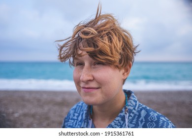 Portrait Of A Red-haired Girl With Freckles, A Woman With Short Hair, Wind In Her Hair, A Walk Along The Coast, Smiling Girl On The Beach.