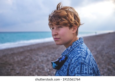 Portrait Of A Red-haired Girl With Freckles, A Woman With Short Hair, Wind In Her Hair, A Walk Along The Coast, Smiling Girl On The Beach.