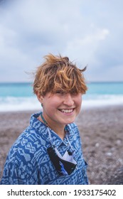 Portrait Of A Red-haired Girl With Freckles, A Woman With Short Hair, Wind In Her Hair, A Walk Along The Coast, Smiling Girl On The Beach.