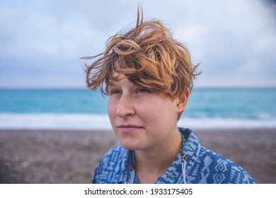 Portrait Of A Red-haired Girl With Freckles, A Woman With Short Hair, Wind In Her Hair, A Walk Along The Coast, Smiling Girl On The Beach.