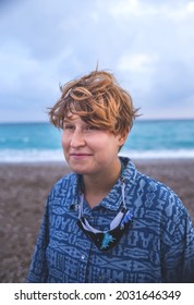 Portrait Of A Red-haired Girl With Freckles, A Woman With Short Hair, Wind In Her Hair, A Walk Along The Coast, Smiling Girl On The Beach.