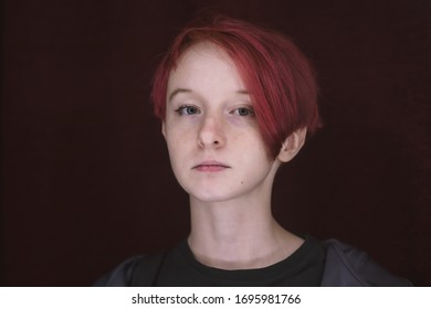 Portrait Redhaired Girl Short Hair Freckles Stock Photo 1695981766 