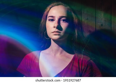 Portrait Of Redhead Woman, Motion Light Effect.