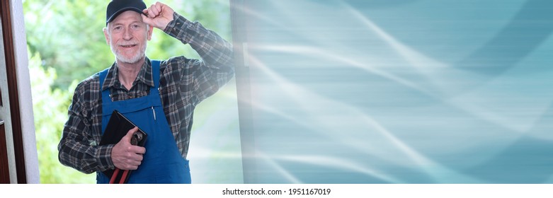 Portrait Of Repairman Standing In The Entrance Of A House; Panoramic Banner