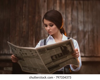 Portrait Retro Hooligan Reads Newspaper. Vintage Businesswoman. Brunette Woman, Vintage Retro Style. Great Depression. Fashion Clothing 20s 30s. The Peaky Blinders. Clothes Shirt Stong Face