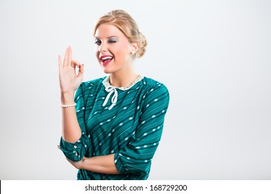 Portrait Of Retro Woman Winking And Showing Ok Sign,Retro Women Winking