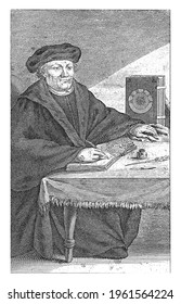 Portrait To The Right Full-length Of Martin Luther, Sitting And Writing At A Table. On The Table An Upright Bible, An Inkwell, Feather And A Penknife.