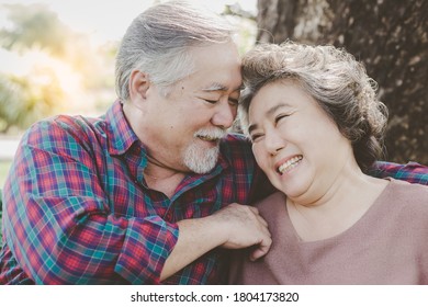 Portrait Romantic Senior Couple. Old Man And Old Woman Looking Each Other And Lauging Together At Park With Love. Elderly Husband Older Wife Are Eternal Love. Gray Hair Man And Female Has Good Health