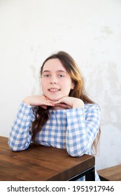 Portrait Of   Russian Teen Girl In   Dress On   Light Wall Background