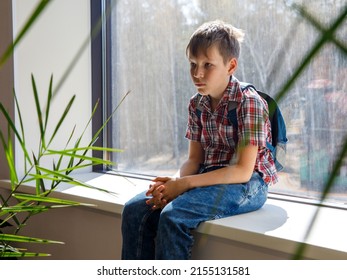 Portrait Sad Boy Backpack Sitting On Stock Photo 2155131581 | Shutterstock