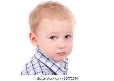 Portrait Of Sad Child Over White Background, Close Up