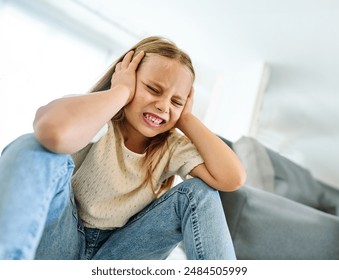 Portrait of a sad little girl and parents in conflict, disagreement or fight in the living room at home. Family, divorce and husband in argument with wife and unhappy child  in depression
 - Powered by Shutterstock