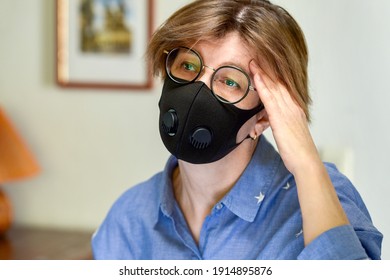 Portrait Of Sad Middle Aged Adult Mature Woman Wearing Black Protective Mask On Face, Female Isolated At Home, During Lockdown. 