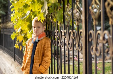 Portrait Of Sad Teenager Boy In Yellow Clothes Standing Near Vintage Metal Fence On The Street, Walking Outside At Autumn