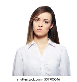 portrait sad unhappy woman isolated on white background 