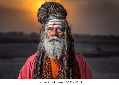 Portrait Sadhu Standing Sunrise Behind Him Stock Photo 642145159 ...