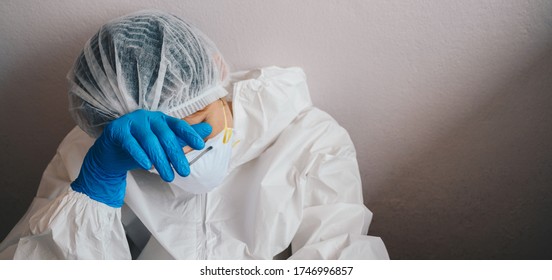 Portrait Of Sadness Healthcare Worker Woman Crying After Failure And Tired From Work Because Impact From Covid-19 Pandemic Outbreak. Conceptual Of Healthcare Worker Woman Having Negative Feelings.