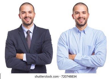 Portrait Of The Same Man In Different Style Clothes, Isolated On A White Background