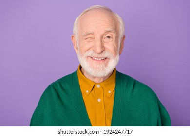 Portrait Of Satisfied Person Eye Wink Toothy Smile Look Camera Isolated On Pastel Purple Color Background