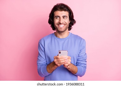 Portrait Of Satisfied Person Look Empty Space Purple Pullover Outfit Isolated On Pink Color Background