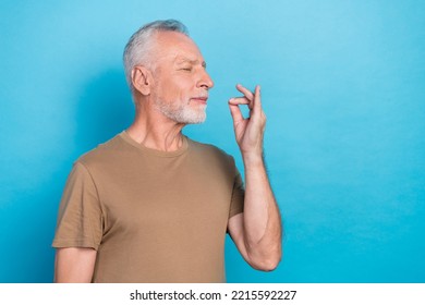 Portrait Of Satisfied Retired Man Gray Hair Beard Dressed Beige T-shirt Rejoice Taste Imaginary Food Isolated On Blue Color Background