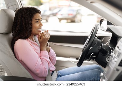 Portrait Of Scared African American Young Woman Driving Car On High Speed And Survived An Accident. Oops, Shock Reaction. Black Lady Gasping, Looking At Crash Or Animal On The Road, Profile Side View