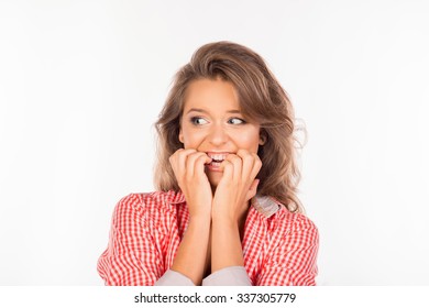 Portrait Of Scared Woman Waiting For Special Moment Biting Nails