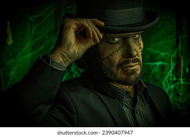 Portrait of a scary mysterious man with huge scars on his face and neck, dressed in an elegant black suit and top-hat, standing in an old castle covered with cobwebs. Gothic horror novel. Halloween.