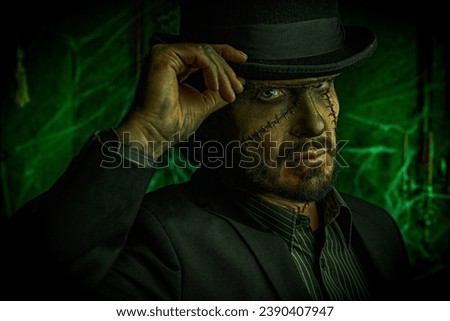 Portrait of a scary mysterious man with huge scars on his face and neck, dressed in an elegant black suit and top-hat, standing in an old castle covered with cobwebs. Gothic horror novel. Halloween.