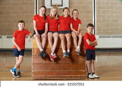 Portrait Of School Gym Team Sitting On Vaulting Horse