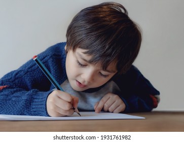 Portrait Of School Kid Boy Siting On Table Doing Homework, Happy Child Holding Pencil Writing, A Boy Drawing On White Paper At The Table,Elementary School And Homeschooling Concept