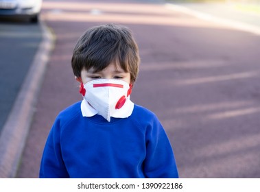Portrait Of School Kid Wearing Protective Face Mask For Pollution Or Virus, Child In School Uniform Wearing Protection Mask While Walking To Shool The Morning, Allergies And Asthma Issues In Kids