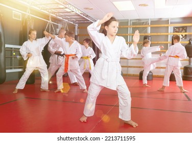 Portrait Of Schoolchild Girl Practicing New Moves With Master During Karate Class