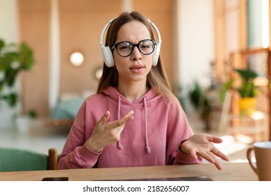 Portrait Of Schoolgirl Learning Distantly During Virtual Remote Class, Participating In Online Lesson, Studying At Home By Videocall, Webcam Pov