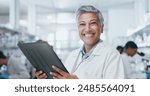 Portrait, science and smile of woman with tablet in laboratory for medical research or job as chemist. Digital, scientist and face of mature doctor on tech for pharma study, healthcare or innovation