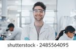 Portrait, scientist and happy man in lab for research, career and job as biochemist. Confidence, science and face of confident medical doctor in goggles for pharma study, healthcare and innovation